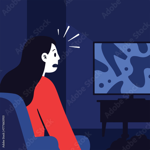 A woman is startled watching television in a dark room. The screen shows abstract shapes. She sits on a couch