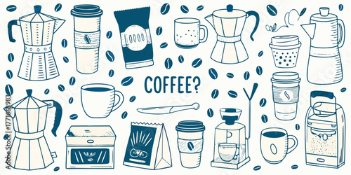 Hand drawn doodle illustration of various coffee making equipment and coffee beans with the word coffee