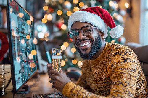Young black man in Santa hat drinks champagne during lonely New Year video call with friends on computer screen