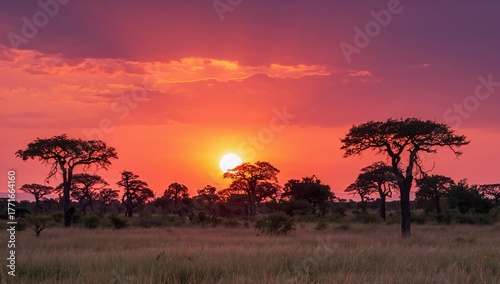 Crimson Dusk over the Plains, Silhouette of Trees against a Vibrant Sky.