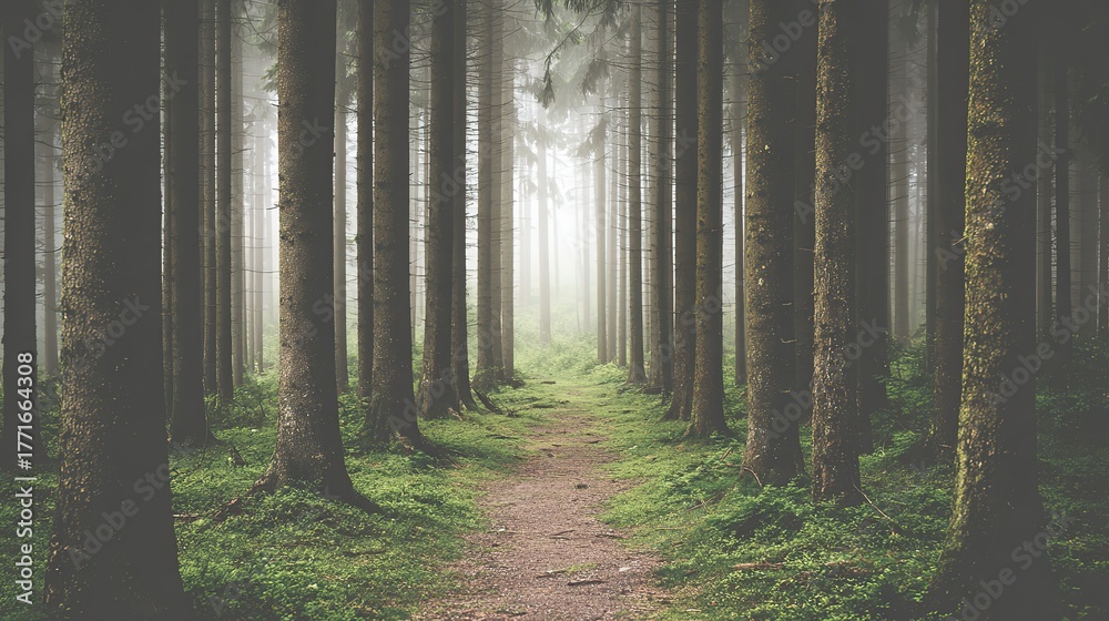 Obraz premium Morning mist forest ecological landscape, straight trunks forming natural corridor