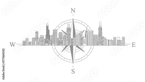 Navigational Landmark: An illustrative view of a city skyline is perfectly aligned with a compass rose, harmonizing navigation with urban landscape.