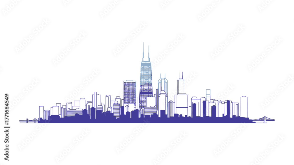 Fototapeta premium City Skyline Silhouette: A clean, sleek silhouette of a modern cityscape, showcasing an impressive array of architectural designs against the horizon, symbolizing urban life and economic growth.