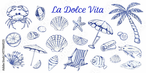 La dolce vita collection of blue ink drawings featuring beach and summer elements