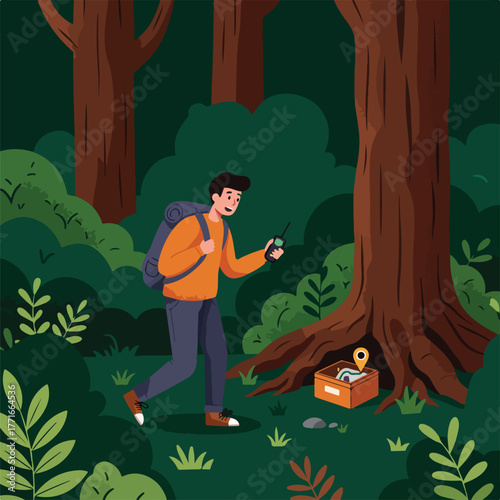 A hiker, with a backpack and walkie-talkie, explores a forest. A box with a map sits by a large tree