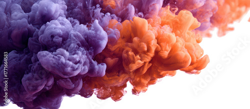 Abstract swirling purple and orange smoke clouds isolated on transparent background