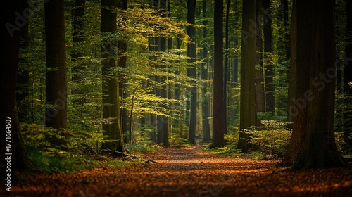 Narrow forest path covered with autumn leaves winding through trees, dappled sunlight filtering through canopy