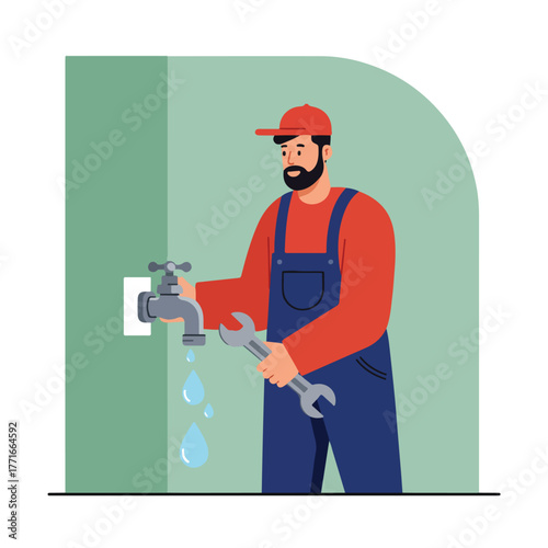A cartoon plumber with a wrench stands before a leaky faucet, ready to fix the dripping water