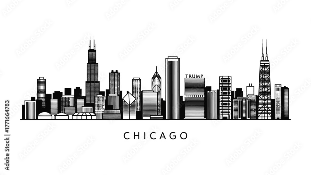 Fototapeta premium Chicago Cityscape Skyline: A striking illustration of Chicago's iconic skyline, showcasing its renowned skyscrapers and architectural marvels. capturing the urban landscape and modern design.