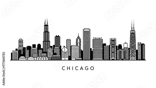 Chicago Cityscape Skyline: A striking illustration of Chicago's iconic skyline, showcasing its renowned skyscrapers and architectural marvels. capturing the urban landscape and modern design.
