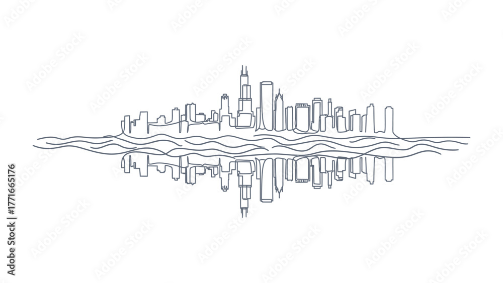 Naklejka premium Urban Echo: A minimalist line art illustration captures the essence of a cityscape mirroring in the water, a symbol of serenity and urban harmony.