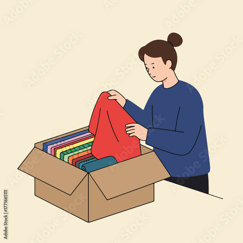 A person with a bun sorts through a box of folded, colorful clothes. The image has a warm, minimalist style