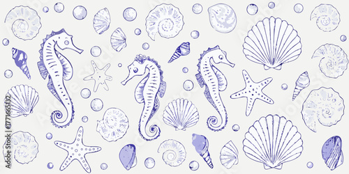 Charming hand drawn illustration of seahorses starfish seashells and bubbles in a blue outline style