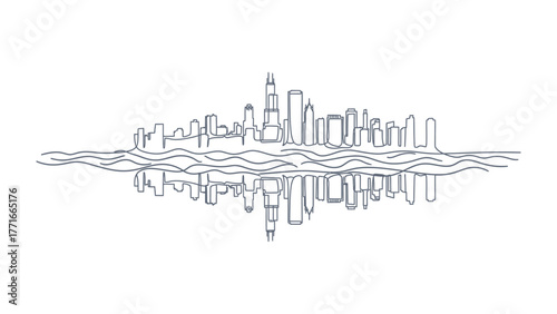 Urban Echo: A minimalist line art illustration captures the essence of a cityscape mirroring in the water, a symbol of serenity and urban harmony.