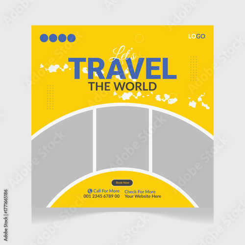 Travel sale social media post template. Web banner, flyer or poster for travelling agency business 
offer promotion. Holiday and tour advertisement banner post design template.
