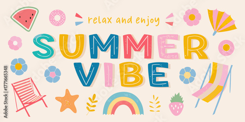 Colorful summer vibe text with fun illustrations of beach chair rainbow and fruits