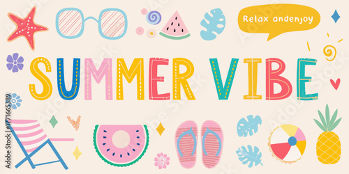 Bright and cheerful summer vibe with fun illustrations and colorful text