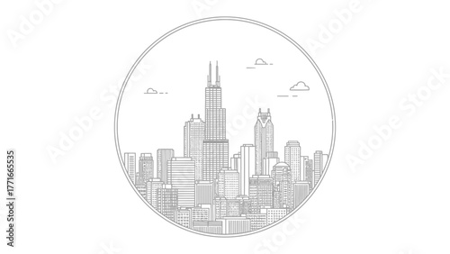 Chicago Skyline within a Circle: A meticulously drawn depiction of the Chicago skyline, featuring its iconic skyscrapers, encapsulated within a minimalist circular frame.