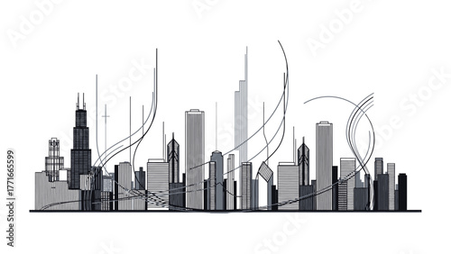 Urban Silhouette: An artistic, monochromatic cityscape, depicting a skyline of modern buildings and structures, showcasing architectural diversity and urban development.