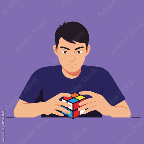 An illustration of a man solving a color puzzle. He holds the cube, face slightly angled, on a purple surface