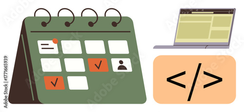 Calendar with marked tasks, a laptop displaying a web page, and a coding tag represent scheduling, productivity, and web development. Ideal for planning, deadlines, teamwork, coding remote work