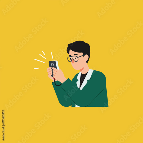 Illustration of a person using a mobile device, set against a yellow background. The device emits light