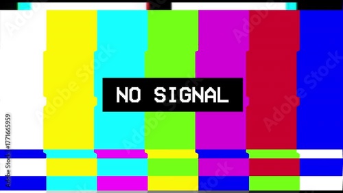 4K animated tv static color noise glitch error video with no signal text .damage bad interference television	