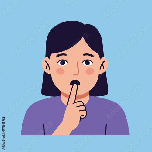 A flat illustration of a person with dark hair, a finger to the mouth, signaling for silence
