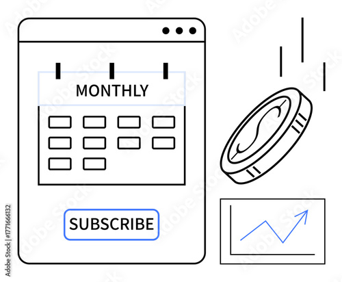 Monthly calendar with Subscribe button, falling coin, and growth chart conveying financial planning. Ideal for subscription services, budgeting, investment, business growth, recurring payments, SaaS