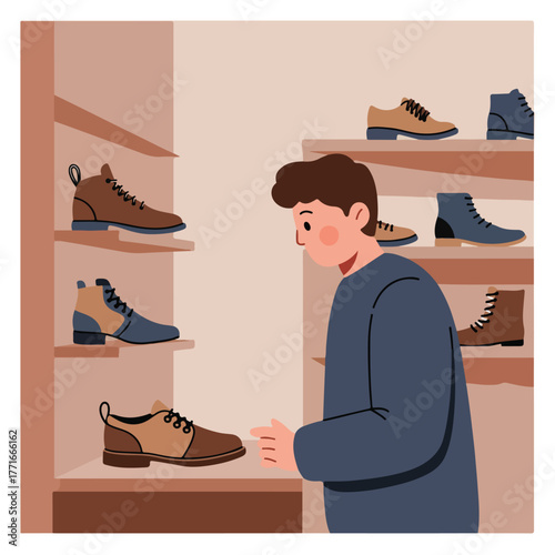 An illustrated man in a shoe store examines brown leather shoes on a shelf. Shoes and shelves are shown