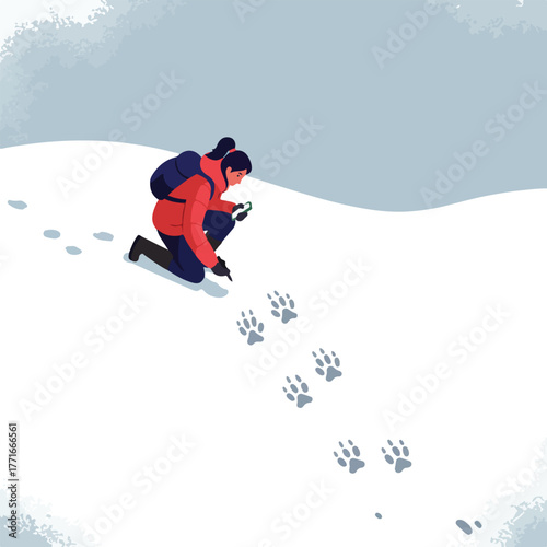 An outdoor adventurer examines paw prints in the snow, tracking a wild animal. Winter scene, vector style