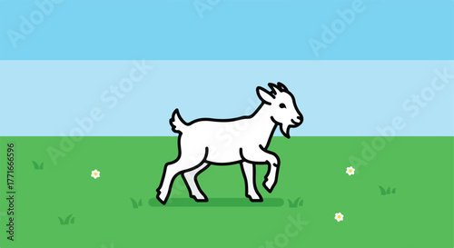 Cartoon goat walking across a green field. Blue sky. Simple design