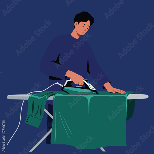 A person irons green shirt on an ironing board. A white cord and blue background
