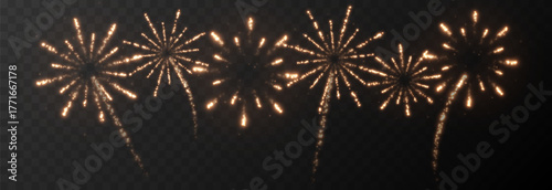 Festive golden fireworks PNG. Exploding various fireworks on a transparent background. Festive background.