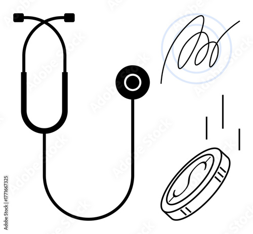 Stethoscope, handwritten signature, coin representing healthcare services, economics, trust, agreements, and accountability. Ideal for medicine, finance trust legal contracts professionalism
