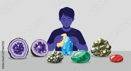 Person cleaning a crystal surrounded by gems