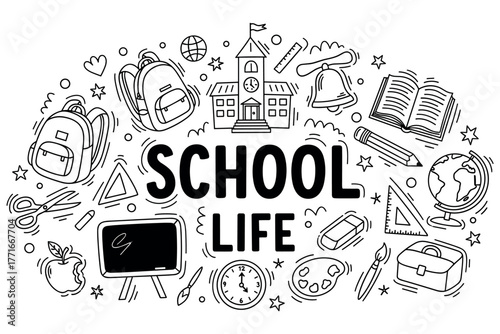 Doodle art depicting various school elements such as backpacks and books