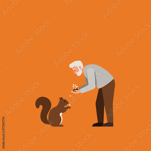 An elderly man offers a small flower to a squirrel; they face each other against an orange background