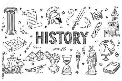 Historical elements: columns, helmets, castles, ships, scrolls, and more