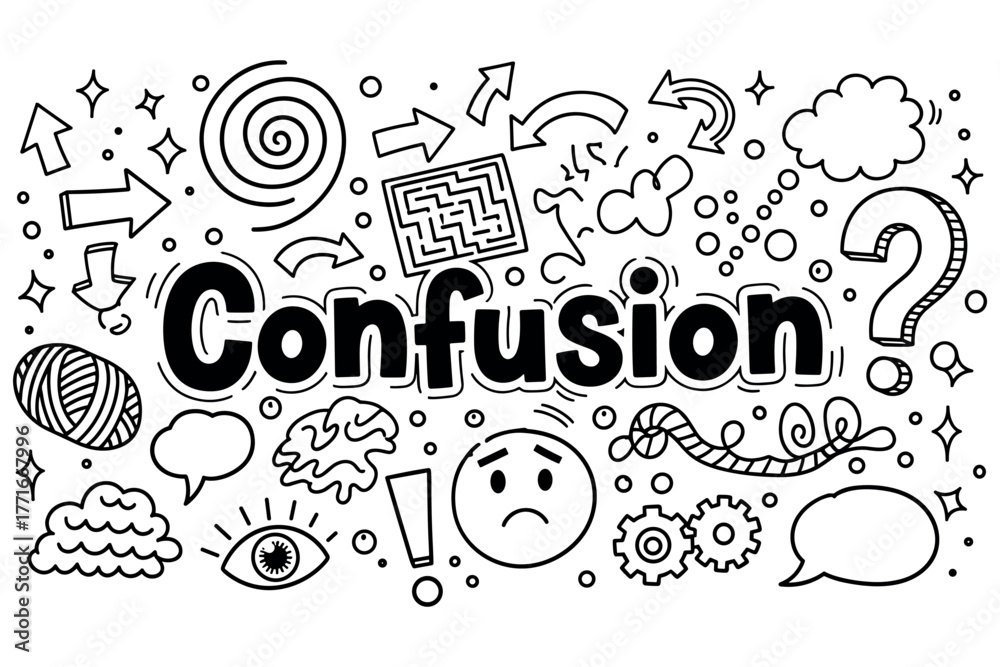 Obraz premium Confusion concept with doodles: arrows, maze, and question marks in black and white