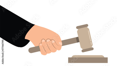 Hand of a Judge with a Hammer Isolated on White. Law and justice, people at work vector art