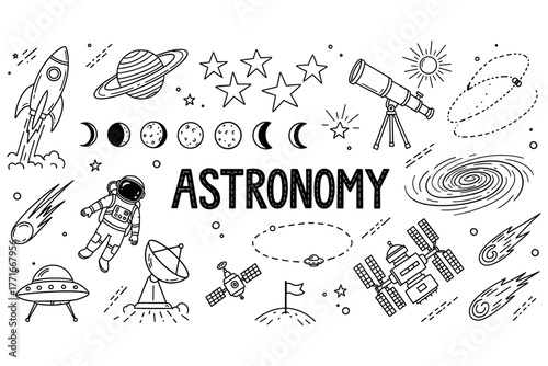 Hand-drawn astronomy icons: planets, telescopes, galaxies, stars, astronaut, and rocket