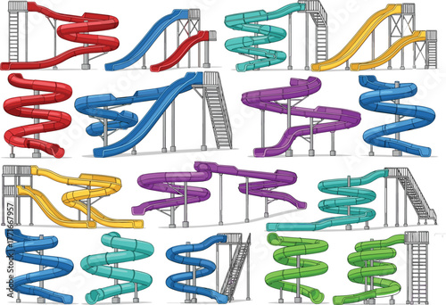 Water slides, amusement park icons, colorful slide collection, spiral slide, straight slide, multi-lane slide, pool attraction, vector set, recreation, outdoor, fun, design