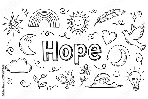 Hopeful doodles: sun, moon, rainbow, and symbols of peace and inspiration