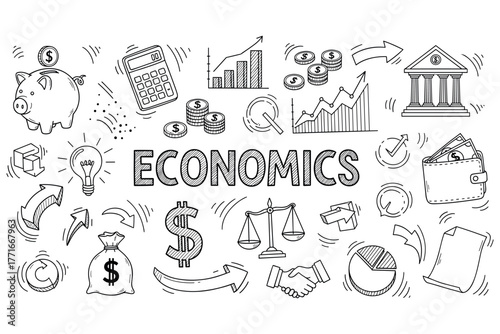Economics concepts doodle: money, graphs, and financial symbols illustrated
