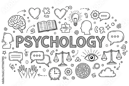Illustrative psychology concept with brain, scale, lightbulb, and human profile icons