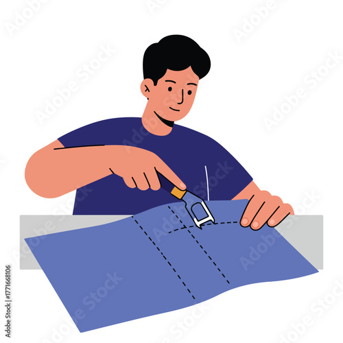 A person uses a cutting tool on blue paper to make a dotted line cut with a white background