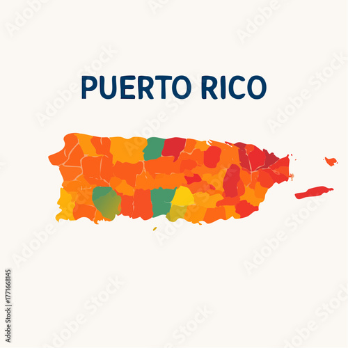 A colorful political map vector of Puerto Rico showing its administrative divisions and municipalities.