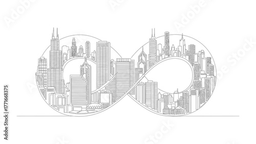 Infinite Metropolis: Architectural silhouette forming an infinity symbol, representing an endless urban landscape filled with towering skyscrapers and city structures.