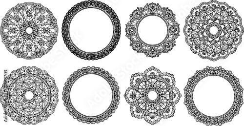 Vintage lace doily. Round lace napkins, ornate circle lace doily wedding table decoration. Decorative lace round frames vector illustration set. Ornate lace round, floral circle wedding ornamental